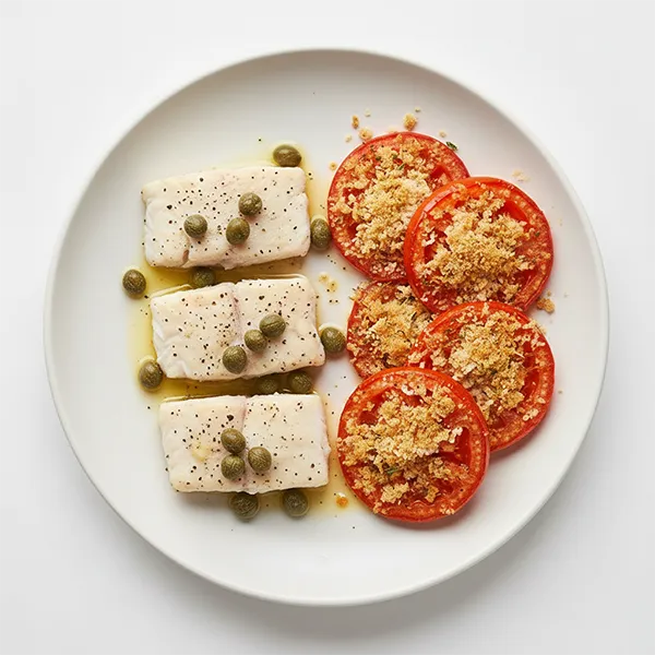 Mediterranean Baked Fish with Caper Onion Salsa and Tomato Gratin
